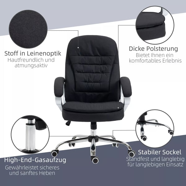 Vinsetto Kontorstol, skrivebordsstol med 360° drejning, ergonomisk, vippefunktion, højdejusterbar, sort hør, 64x75x111-121 cm
