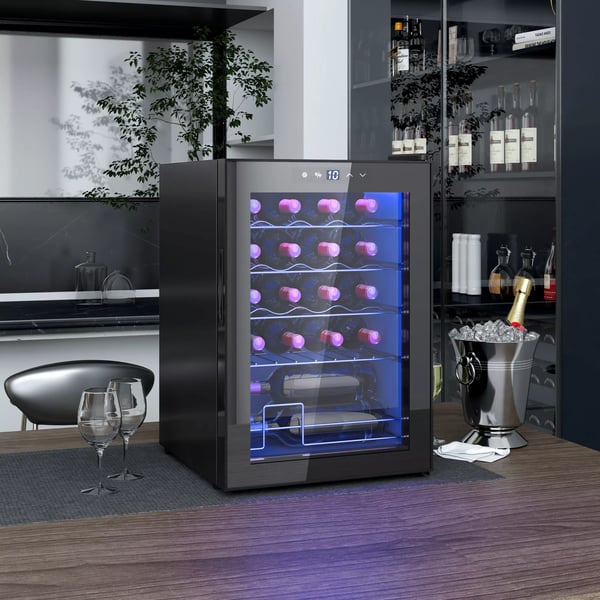 HOMCOM Viinikaappi 20 pulloa, 53L, 5-18°C, Kompressorijäähdytys, Metallirunko, Musta
