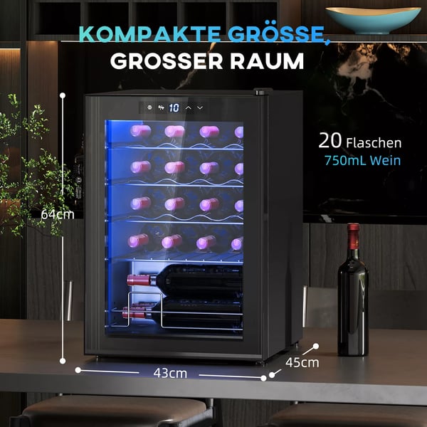 HOMCOM Viinikaappi 20 pulloa, 53L, 5-18°C, Kompressorijäähdytys, Metallirunko, Musta