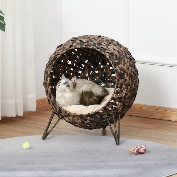 PawHut Rattan Kattehule med Pude i PE-Rattan og Metal - Brun, Ø52x58cm