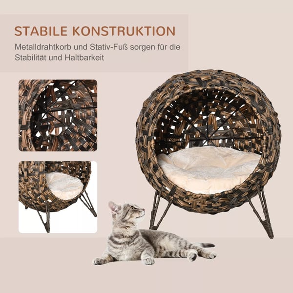 PawHut Rattan Kattehule med Pude i PE-Rattan og Metal - Brun, Ø52x58cm