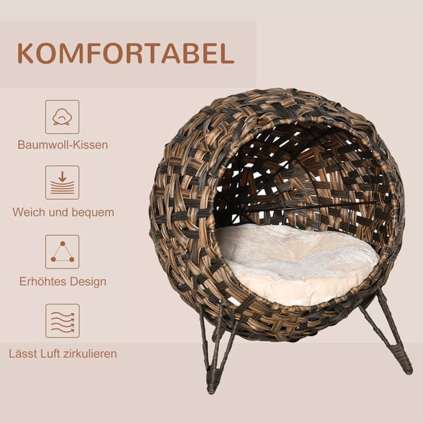 PawHut Rattan Kattehule med Pude i PE-Rattan og Metal - Brun, Ø52x58cm