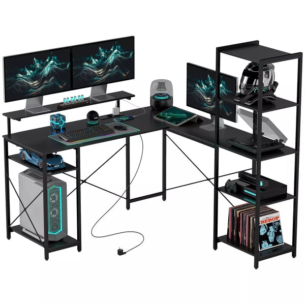 HOMCOM L-formet Skrivebord med Opbevaring – Sort, Inkl. Monitorstativ, USB & Stikkontakt – 137 x 140 x 139,5 cm