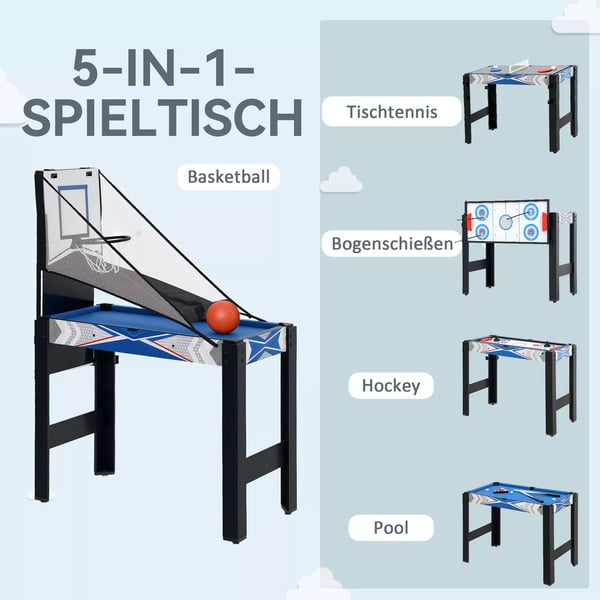 SPORTNOW 5-i-1 Multispil Bord: Billard, Bordtennis, Hockey, Basketball, Bueskydning – Blå/Sort MDF, 91x45,5x76 cm