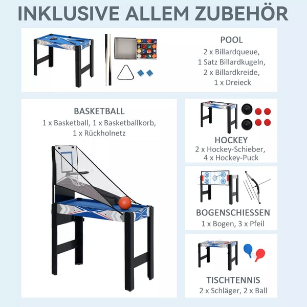 SPORTNOW 5-i-1 Multispil Bord: Billard, Bordtennis, Hockey, Basketball, Bueskydning – Blå/Sort MDF, 91x45,5x76 cm