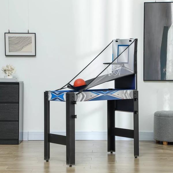 SPORTNOW 5-i-1 Multispil Bord: Billard, Bordtennis, Hockey, Basketball, Bueskydning – Blå/Sort MDF, 91x45,5x76 cm