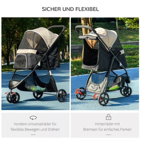 PawHut 2-i-1 Hundeklapvogn med regnslag, foldbar til hunde og katte op til 10 kg, Khaki