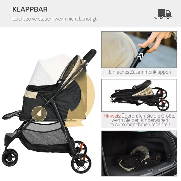 PawHut 2-i-1 Hundeklapvogn med regnslag, foldbar til hunde og katte op til 10 kg, Khaki