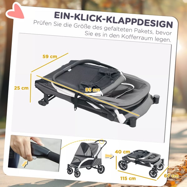 PawHut Hundevogn Foldbar til Store Hunde & Katte op til 30 kg, Mørkegrå Polyester Klapvogn med Pude, Netvinduer, Opbevaring og Bremser
