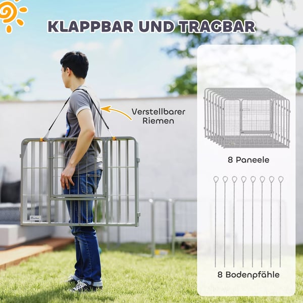 PawHut 8-delt Hundeløbegård 60cm Høj, Fleksibel Kan Tilpasses, Stål, Sølv