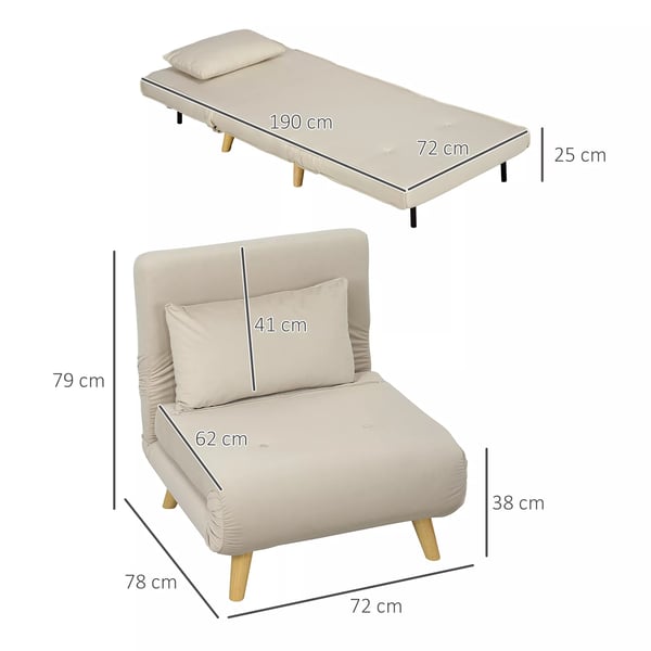 HOMCOM Sohvasänky, kokoontaitettava nojatuoli vuoteella, sametti-look, beige