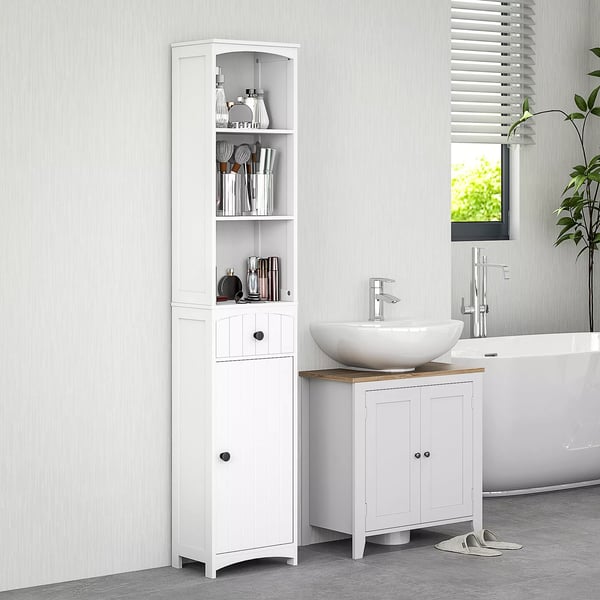 HOMCOM Badevrelsesskab i hvid, 3 hylder, 1 skuffe, MDF, 34x24x170,5cm