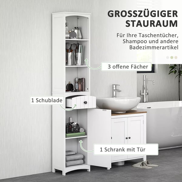 HOMCOM Badevrelsesskab i hvid, 3 hylder, 1 skuffe, MDF, 34x24x170,5cm