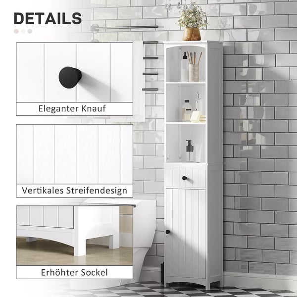 HOMCOM Badevrelsesskab i hvid, 3 hylder, 1 skuffe, MDF, 34x24x170,5cm