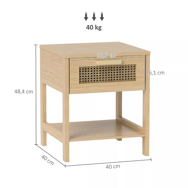 HOMCOM natbord sengebord sidebord, naturligt natbord med skuffe og åben hylde, rattan-design, natur, 40 x 40 x 48,4 cm