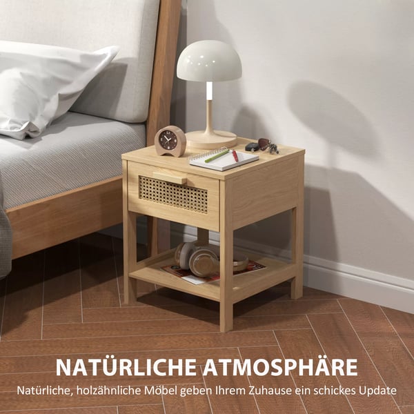 HOMCOM natbord sengebord sidebord, naturligt natbord med skuffe og åben hylde, rattan-design, natur, 40 x 40 x 48,4 cm