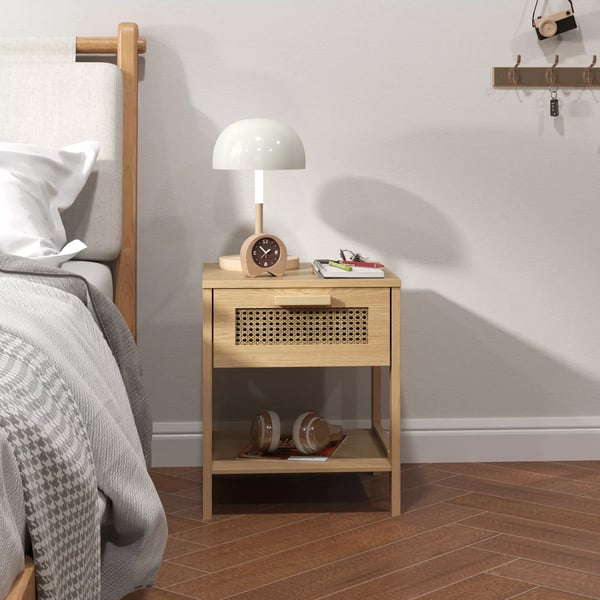 HOMCOM natbord sengebord sidebord, naturligt natbord med skuffe og åben hylde, rattan-design, natur, 40 x 40 x 48,4 cm