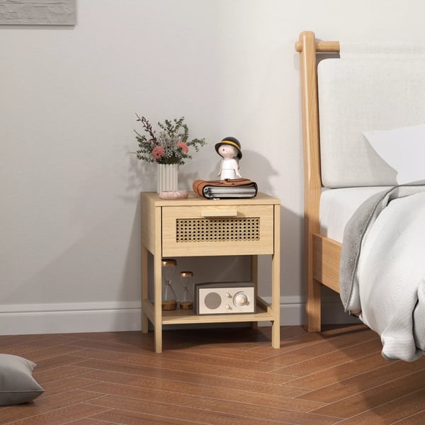 HOMCOM natbord sengebord sidebord, naturligt natbord med skuffe og åben hylde, rattan-design, natur, 40 x 40 x 48,4 cm