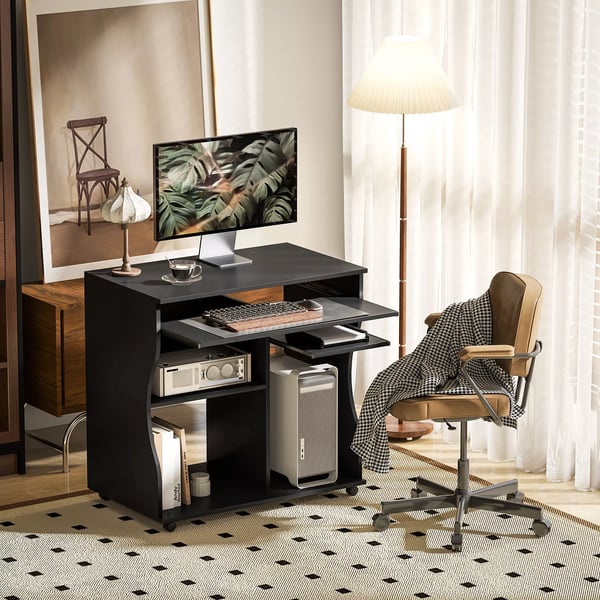 HOMCOM Rulbart Computerbord - Skrivebord med Hjul, Tastaturhylde og Hylder - Sort Spånplade 80x48x75 cm