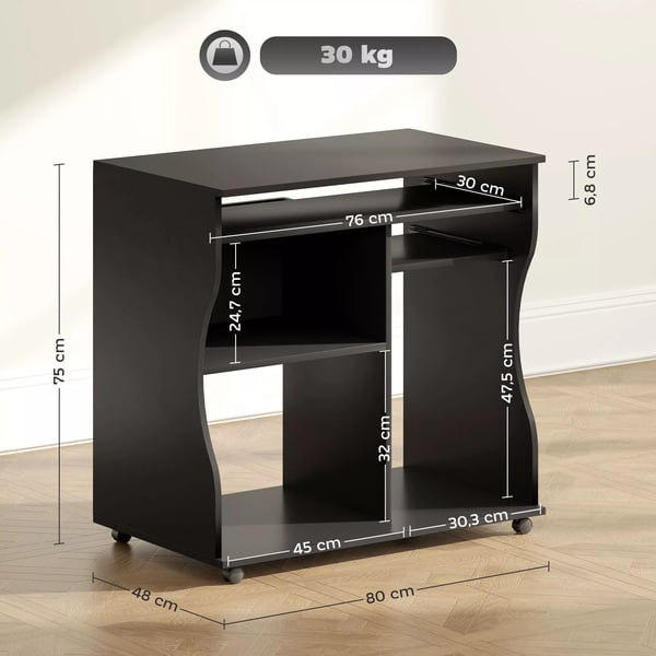 HOMCOM Rulbart Computerbord - Skrivebord med Hjul, Tastaturhylde og Hylder - Sort Spånplade 80x48x75 cm