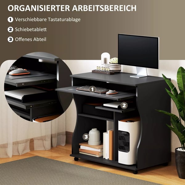 HOMCOM Rulbart Computerbord - Skrivebord med Hjul, Tastaturhylde og Hylder - Sort Spånplade 80x48x75 cm