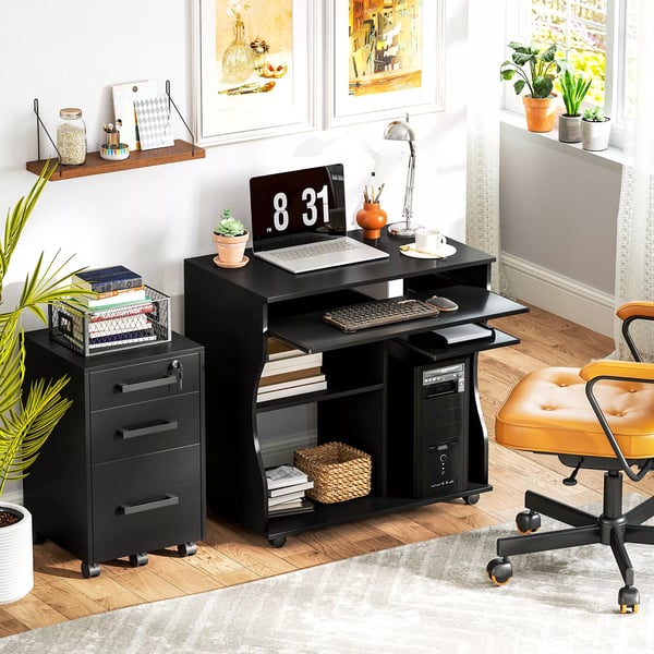 HOMCOM Rulbart Computerbord - Skrivebord med Hjul, Tastaturhylde og Hylder - Sort Spånplade 80x48x75 cm