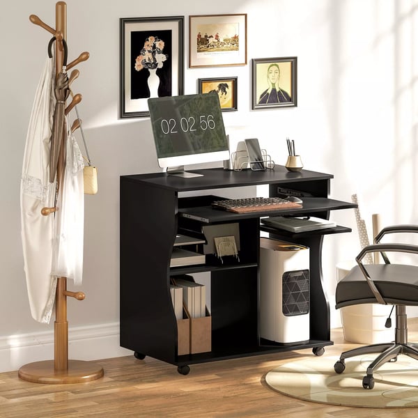 HOMCOM Rulbart Computerbord - Skrivebord med Hjul, Tastaturhylde og Hylder - Sort Spånplade 80x48x75 cm
