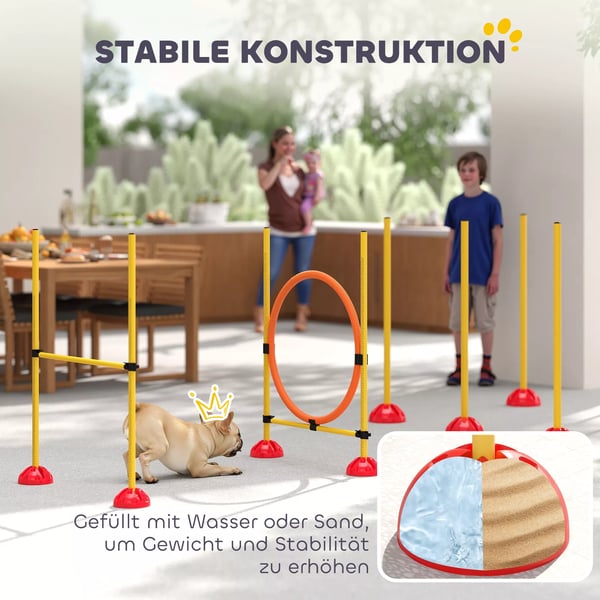PawHut Hund Agility Sæt - 3-delt Træningsudstyr med Ring, Hæk og Slalompind - Gul/Orange Plast