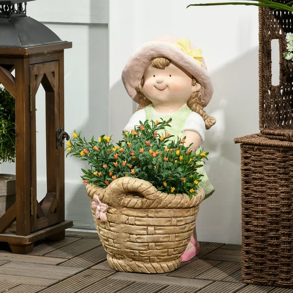 Outsunny Pige med urtepotte, vejrbestandig havefigur, pyntegenstand til plantepotte, skulptur til boligindretning, have, gårdhave