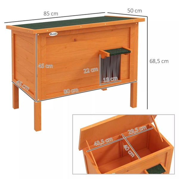PawHut Kattehus i træ med dørforhæng, udendørs, isoleret, forhøjet design, til små dyr, orange, 60x60x81,5 cm