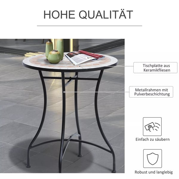 Outsunny havebord mosaikbord altanbord sidebord serveringsbord rund stål + keramik orange + hvid Ø60 x H71 cm