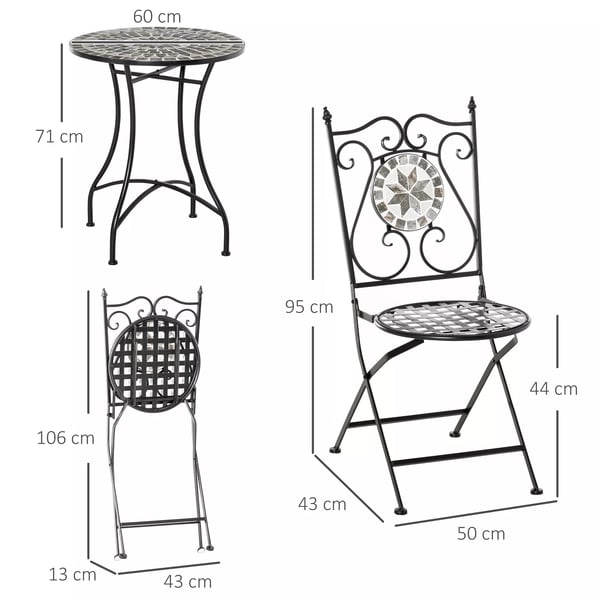 Outsunny havesiddegruppe til 2 personer altanmøbelsæt mosaikbord+foldbare stole metal keramiske fliser flerfarvet