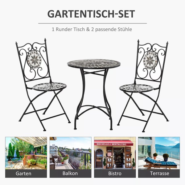 Outsunny havesiddegruppe til 2 personer altanmøbelsæt mosaikbord+foldbare stole metal keramiske fliser flerfarvet