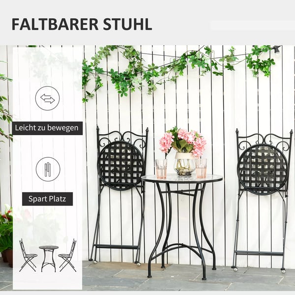 Outsunny havesiddegruppe til 2 personer altanmøbelsæt mosaikbord+foldbare stole metal keramiske fliser flerfarvet