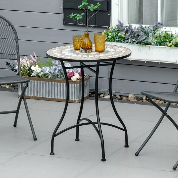 Outsunny havebord mosaikbord rundt bistrobord mosaikplade keramik metal grøn+beige+hvid Ø60cm