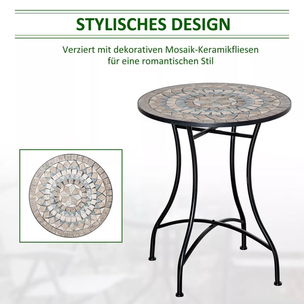 Outsunny havebord mosaikbord rundt bistrobord mosaikplade keramik metal grøn+beige+hvid Ø60cm