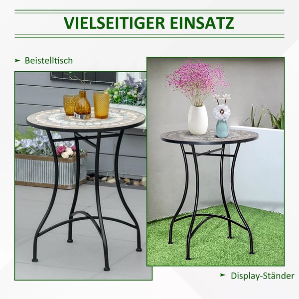 Outsunny havebord mosaikbord rundt bistrobord mosaikplade keramik metal grøn+beige+hvid Ø60cm