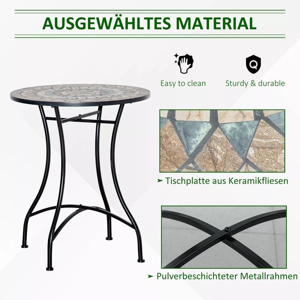 Outsunny havebord mosaikbord rundt bistrobord mosaikplade keramik metal grøn+beige+hvid Ø60cm