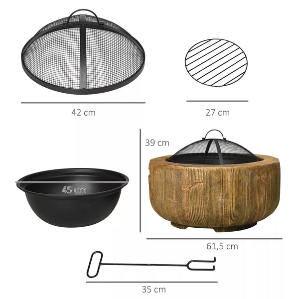 Outsunny eldstad, eldfat med lock, eldkorg med eldgaffel, i trädstubbsdesign, för trädgård, camping, terrass, stål, MgO, brun