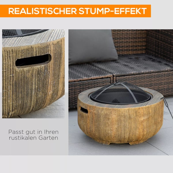 Outsunny eldstad, eldfat med lock, eldkorg med eldgaffel, i trädstubbsdesign, för trädgård, camping, terrass, stål, MgO, brun