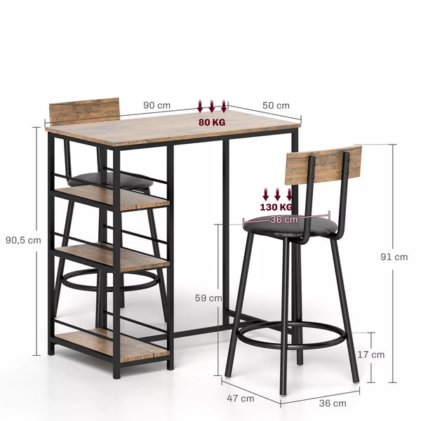 HOMCOM Barbordssæt med 2 Barstole - Eg og Stål, 3 hylder, moderne design