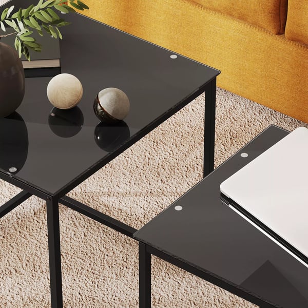 HOMCOM Sidebord Sæt af 2, Sofabordsæt med Glasbordplade, Stål, Sort