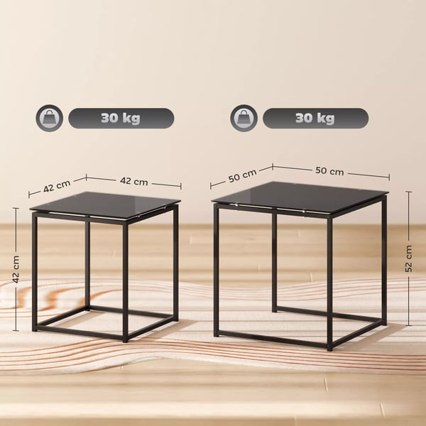 HOMCOM Sidebord Sæt af 2, Sofabordsæt med Glasbordplade, Stål, Sort