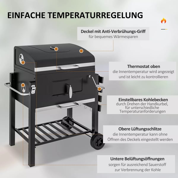 Outsunny grillvogn, kulgrill, BBQ-grill, rustfrit stål, sort, 113x65x108 cm