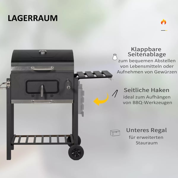 Outsunny grillvogn, kulgrill, BBQ-grill, rustfrit stål, sort, 113x65x108 cm