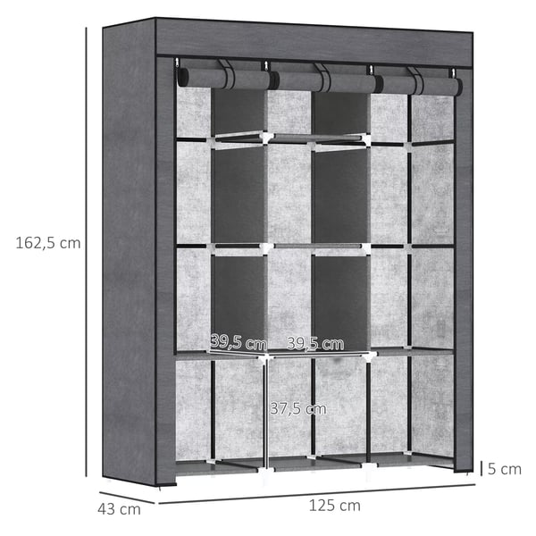 HOMCOM Kangasvaatekaappi 125x43x162.5cm Tummanharmaa Kuitukangas 8 Hyllyä 2 Tankoa