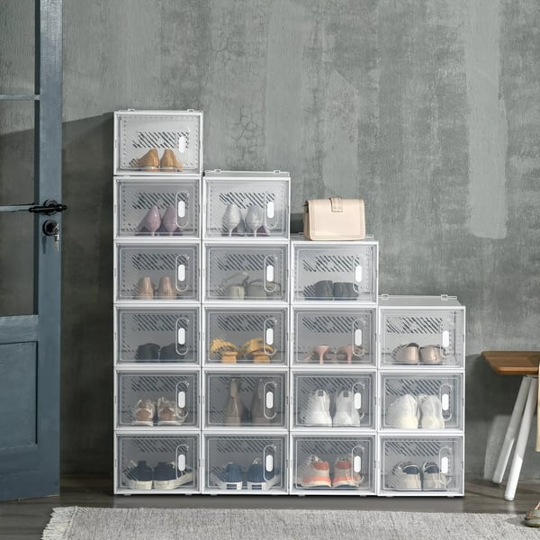 HOMCOM 18 stk. transparente skoesker med magnetiske døre, skoopbevaring af plast til sko op til str. 45