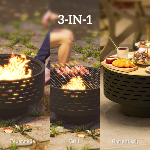 3-i-1 bålsted med grillrist og gnistfang i koksgrå rustfrit stål, Ø60x39cm