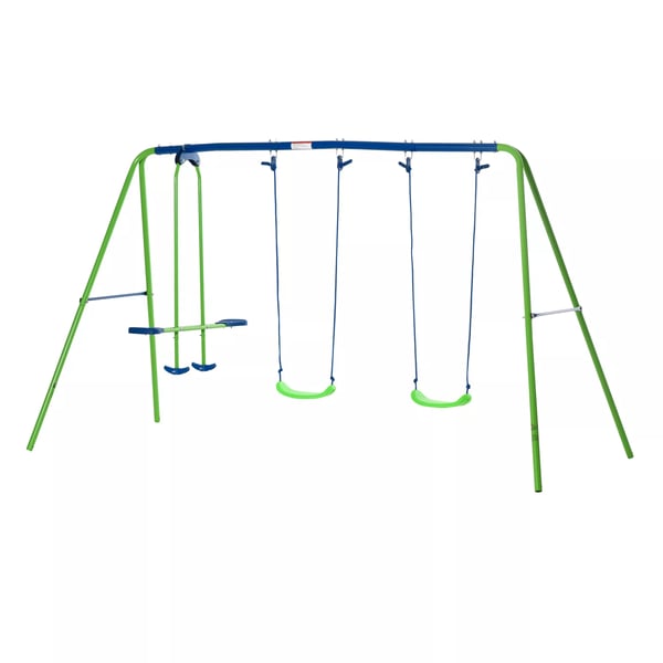 Outsunny Gyngestativ til udendørs brug, 3-sidet, med 2 gynger og 1 vippe, metal, grøn, 2,8m x 1,4m x 1,78m