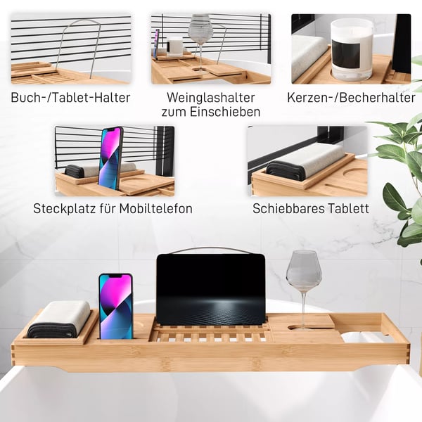 Badekarshylde i Bambus & Rustfrit Stål - Justerbar 75-105 cm, Natur